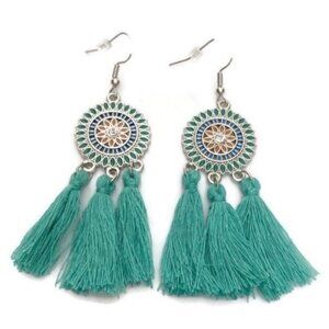 Teal Round Tassel Drop Earrings